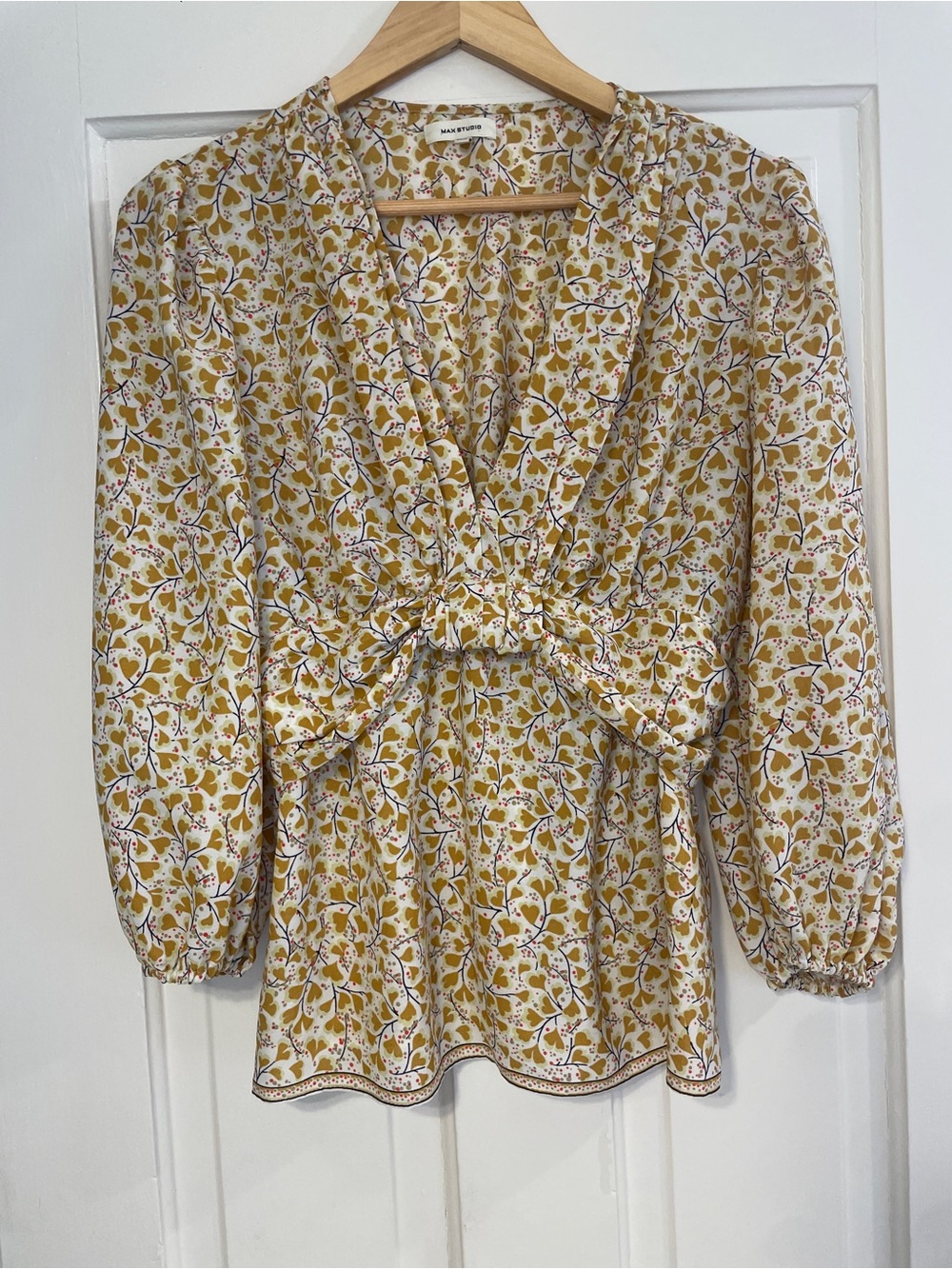 Max Studio Mustard Yellow Floral V-Neck Knot Front Blouse Size L